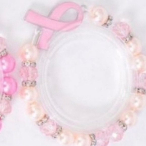 Bracelet Lt Pink Cancer Ribbon Beaded Rhinestone Pearl w/ 1 Cancer Ribb… - Picture 2 of 9